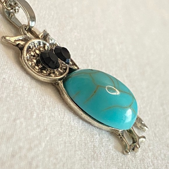 Owl Pendant Necklace Faux Turquoise Belly Silver Tone Black Stone Eyes - Picture 5 of 8